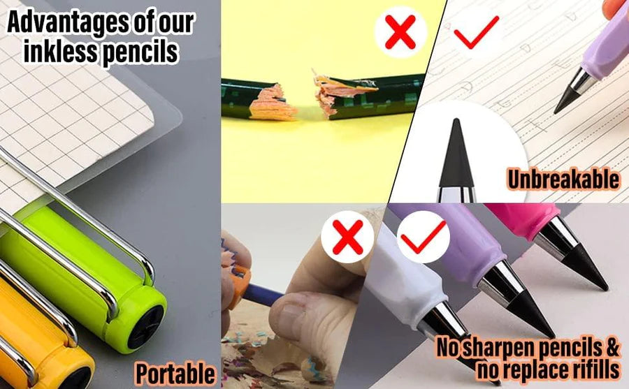 Everlasting Inkless Pencils Portable Reusable and Erasable Metal Writing Pens Replaceable Graphite Nib Triangle Golf Stationary Set