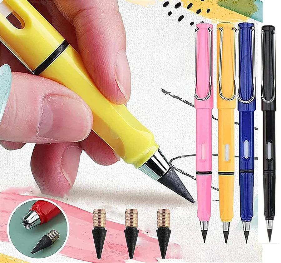 Everlasting Inkless Pencils Portable Reusable and Erasable Metal Writing Pens Replaceable Graphite Nib Triangle Golf Stationary Set