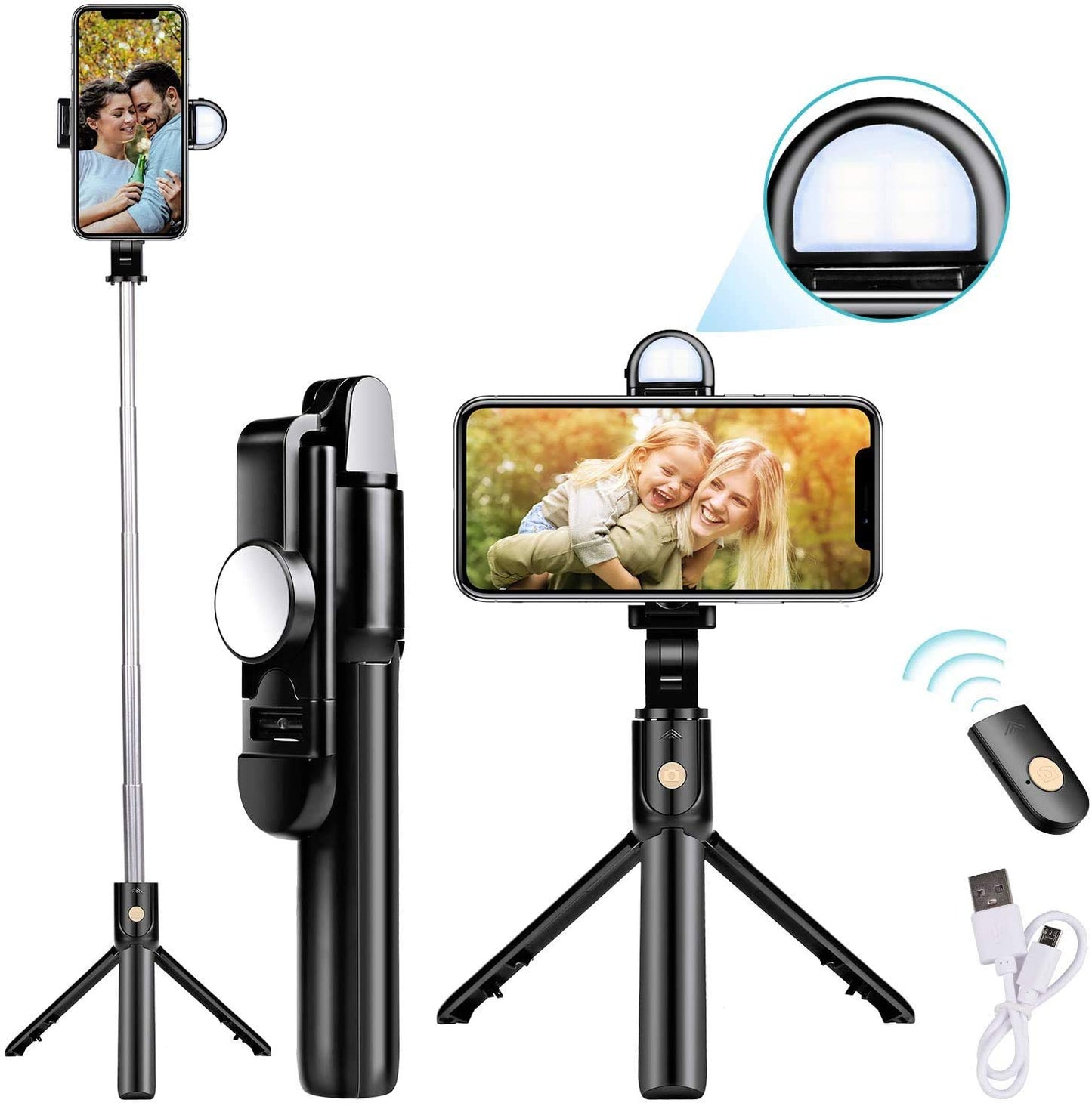 Extendable Flash 3-in-1 Selfie Stick Tripod with Bluetooth Remote