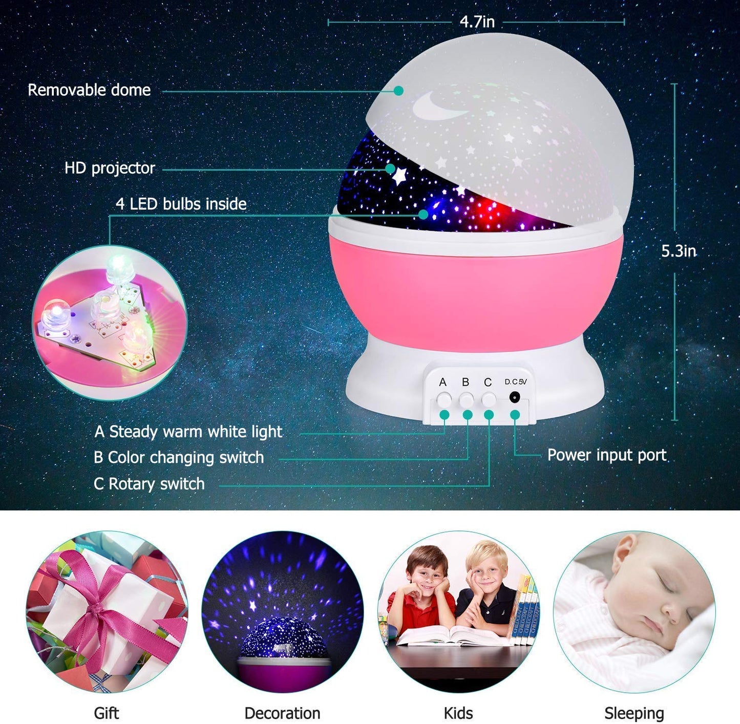 Rotating 360 Degree Moon Night Light Lamp Projector with Colors and USB Cable