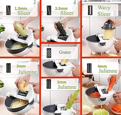 Vegetable Cutter-9 in 1 Multifunction Plastic Magic Rotate Vegetable Cutter with Drain Basket Large Capacity Vegetables Chopper Veggie